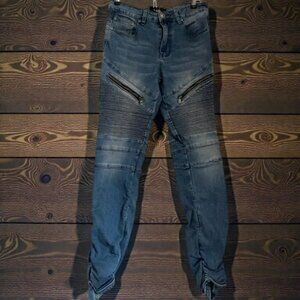 "Distressed Blue Moto Jeans with Zipper Accents - Trendy & Bold!"